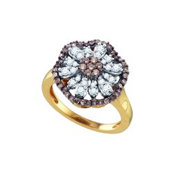 0.70 CTW Cognac-brown Color Diamond Flower Cluster Ring 10KT Yellow Gold - REF-52X4Y