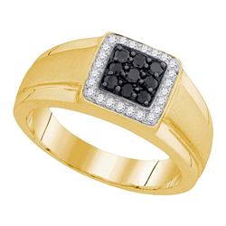 0.40 CTW Mens Black Color Diamond Square Cluster Ring 10KT Yellow Gold - REF-41M9H