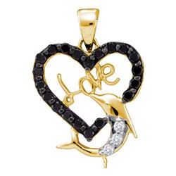 0.40 CTW Black Color Diamond Heart Dolphin Love Pendant 14KT Yellow Gold - REF-20H9M