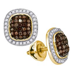 0.55 CTW Cognac-brown Color Diamond Oval Cluster Earrings 10KT Yellow Gold - REF-30X2Y