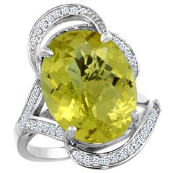 Natural 11.23 ctw lemon-quartz & Diamond Engagement Ring 14K White Gold - REF-98W7K