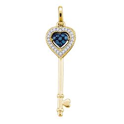 0.10 CTW Blue Color Diamond Key Love Pendant 10KT Yellow Gold - REF-10W5K