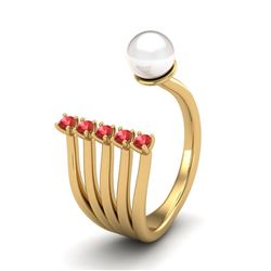 0.75 CTW Red Sapphire & White Pearl Designer Ring 14K Yellow Gold - REF-27Y3K - 20860