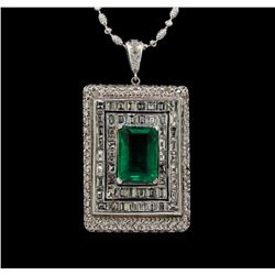 Platinum GIA Certified 6.98 ctw Emerald and Diamond Pendant With Chain