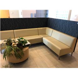LARGE L-SHAPE LIGHT LEATHER RECEPTION SOFA UNIT WIT DARK FABRIC PATTERN PANELS