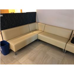 LARGE L-SHAPE LIGHT LEATHER RECEPTION SOFA UNIT WITH DARK FABRIC PATTERN PANELS