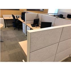 TEKNION 4 PERSON OFFICE CUBICLE STATION WITH MAPLE WORK SURFACES AND FILE PEDESTALS