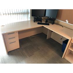 CONTENTS OF OFFICE INC. MAPLE L-SHAPE DESK W/ MATCHING BOOK CASE AND CONFERENCE TABLE