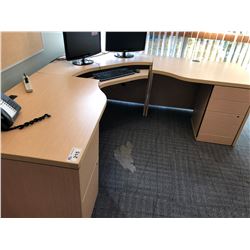 CONTENTS OF OFFICE INC. MAPLE CORNER COMPUTER DESK, MAPLE CONFERENCE TABLE, AND 2 TALL BOOK SHELVES