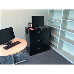 CONTENTS OF OFFICE INC. MAPLE CONFERENCE TABLE, BLACK 3 DRAWER LATERAL FILE CABINET, AND 2 TALL