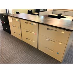 LOT OF 8 FILE CABINETS INC. 6 BEIGE 3 DRAWER LATERAL FILE CABINET, 1 BLACK 3 DRAWER LATERAL FILE