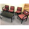 Image 1 : RECEPTION FURNISHINGS INC. COFFEE TABLE, 4 CHAIRS AND SMALL BOOK SHELF