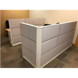 TEKNION 2 PERSON OFFICE CUBICLE STATION WITH MAPLE WORK SURFACES AND FILE PEDESTALS