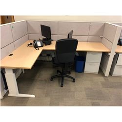 TEKNION 2 PERSON OFFICE CUBICLE STATION WITH MAPLE WORK SURFACES AND FILE PEDESTALS