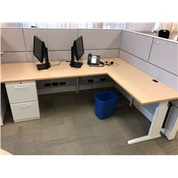 TEKNION 2 PERSON OFFICE CUBICLE STATION WITH MAPLE WORK SURFACES AND FILE PEDESTALS