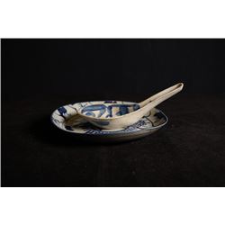 19th Century Blue-and-White Plate and Spoon.Condition as is, shown in photo