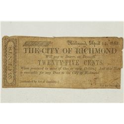 1862 THE CITY OF RICHMOND 25 CENT OBSOLETE BANK