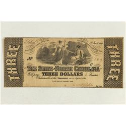 1863 STATE OF NORTH CAROLINA $3 OBSOLETE BANK NOTE