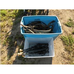 Qty 2 totes asst harnesses & brass ball hames, from estate