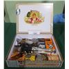 Image 1 : CIGAR BOX W/VINTAGE RAZOR STROP, TINS, WORLD COINS ETC