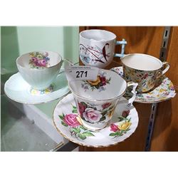 3 ENGLISH BONE CHINA TEACUPS/SAUCERS & VINTAGE MUSTACHE CUP