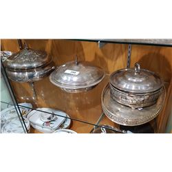 3 VINTAGE SILVER PLATE LIDDED SERVING DISHES & OVAL TRAY