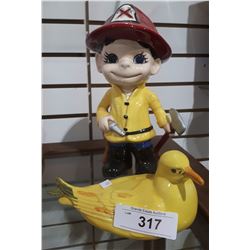 VINTAGE CERAMIC FIREMAN & BIRD FIGURINES