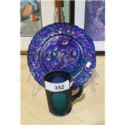 VINTAGE CARNIVAL GLASS EXPERIMENTAL MUG & CHRISTMAS PLATE