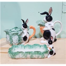 THREE FITZ & FLOYD BUNNY SERVING PIECES