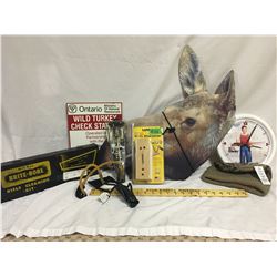 GR OF 8, ANTIQUE TIN CLEANING BX, MOOSE DECOY - NEW IN BOX, KNIFE SHARPENER, SLING SHOT, TUQUE, ETC