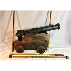 CANNON, REPLICA, 21" BARREL, 1 1/8" BORE, WILL FIRE, W/ CANNON BALL, RAM RODS