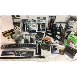 BOX LOT, LARGE QTY ARCHERY ITEMS - QUIVER HOLDER, CASE, MOUNTS, ARROWS, CHEEKPIECE, ETC