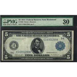 1914 $5 Federal Reserve Note Richmond Fr.862 PMG Very Fine 30