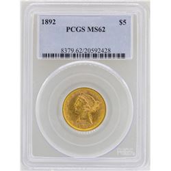 1892 $5 Liberty Head Half Eagle Gold Coin PCGS MS62
