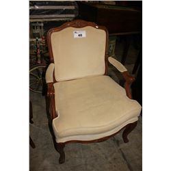 BEIGE CUSHIONED WOODEN ARM CHAIR