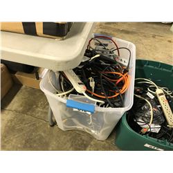 BIN OF ASSORT POWER BARS, EXTENSION CORDS AND MORE