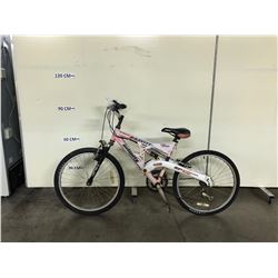 WHITE AND RED INFINITY GRAVITY FULL SUSPENSION 21 SPEED MOUNTAIN BIKE