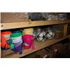 Image 2 : SHELF LOT INCLUDING PAINT TRAYS, BADMINTON RACKET SETS, SOCCER PINATAS, SAND PAILS AND MORE