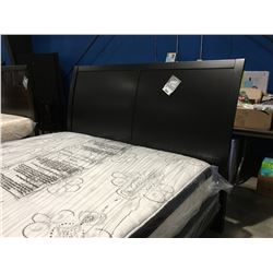 KING SIZED BLACK FINISH SLEIGH HEADBOARD WITH ATTACHED METAL BED FRAME