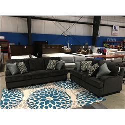 2 PCS CHARCOAL GREY UPHOLSTERED SOFA & LOVESEAT SET WITH 8 THROW CUSHIONS