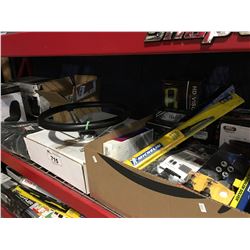 SHELF LOT OF ASSORTED VEHICLE ACCESSORIES- SEAT COVERS, STEERING WHEEL, FLOOR MATTS, ETC