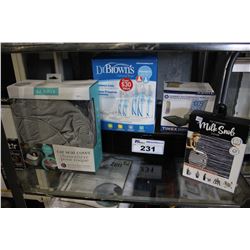 SHELF INCLUDING ORECK WINDOW FAN, JJ COLE CAR SEAT COVER, DR BROWNS BABY BOTTLE SET AND MORE