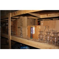 LARGE SHELF LOT OF ASSORTED VASES, CANDLE HOLDERS AND MORE DECOR