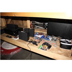 SHELF LOT INCLUDING ONKYO RECEIVER, PS4 WITH GAMES, SAMSUNG TV, VR HEADSET AND MORE