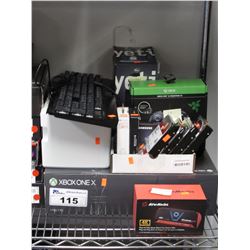 XBOX ONE X, HARD DRIVES, RAZER CONTROLLER, YETI MICROPHONE, ETC (FOR PARTS, REPAIR, SALVAGE)