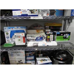 STANDARD MONITOR RISER, DYMO LABEL WRITER, THE CLAPPER, WALL CLOCK, HAMILTON BEACH STEAMER,