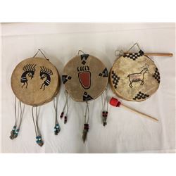Group of 3 Painted Rawhide Drums
