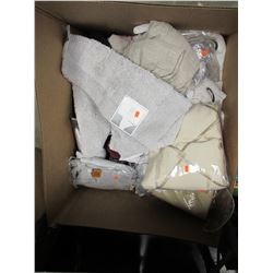 BOX OF CURTAINS, BATH RUGS, ASSORTED LINEN