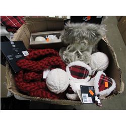 BOX OF UGG HUNTER PLAID ORNAMENTS, UGG WINE BOTTLE HOLDERS, UGG CLASSIC CABLE KNITS, UGG CLASSIC