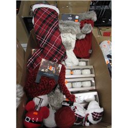 BOX OF UGG HUNTER PLAID ORNAMENTS, UGG WINE BOTTLE HOLDERS, UGG CLASSIC CABLE KNITS, UGG CLASSIC